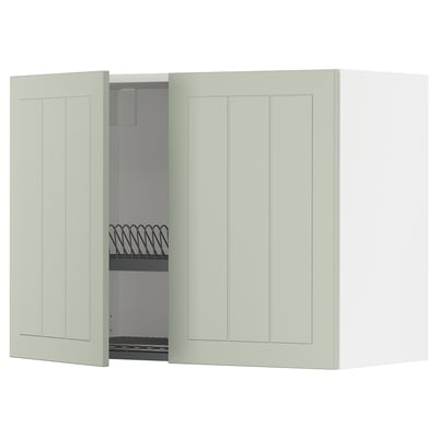 A light green METOD wall kitchen cabinet with a steel dish drainer.