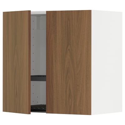 Modern kitchen wall cabinet, walnut brown, sleek design, wood texture, rectangular, with one door open.