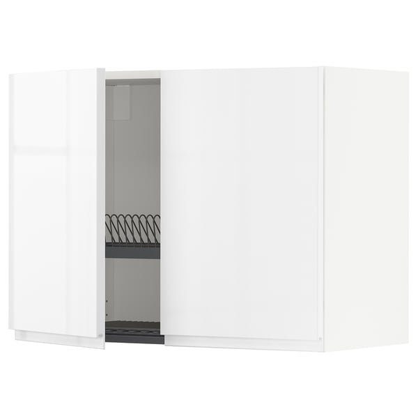 METOD kitchen cabinet, white, glossy finish, rectangular, open door showing interior with dish drainer.