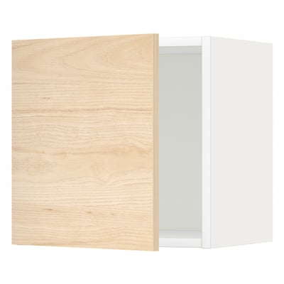 Open wooden cabinet with white frame. Natural wood finish plus white edges.