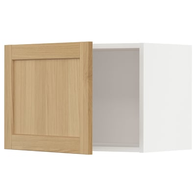 Modern kitchen cabinet: white & light wood, square, flat-panel design.