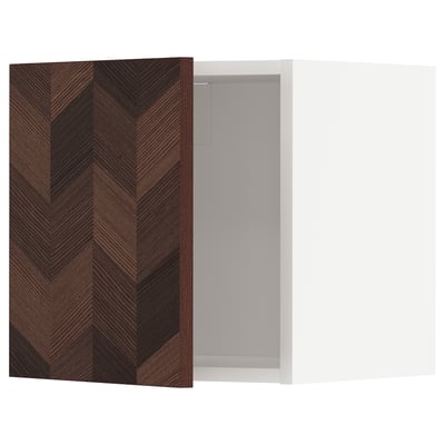 Dark wood-patterned METOD kitchen cabinet, partially open, nickel hinge.