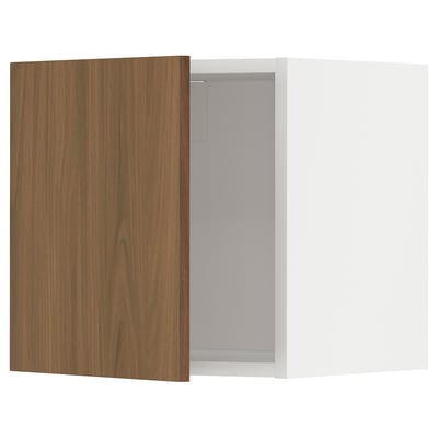 Modern kitchen cabinet, tistorp walnut door, white frame, smooth surface, square shape.