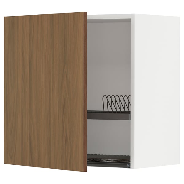 Open kitchen cabinet with walnut door & wire shelf.