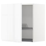 A white METOD kitchen cabinet with a black wire dish drainer inside, mounted on the right side.