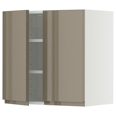 METOD kitchen wall unit, high gloss dark grey-brown, with 2 doors and 2 shelves. Modern, sleek design with flush handles.
