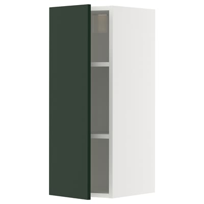 A tall, narrow white and green kitchen cabinet with one door open, revealing gray shelves inside. Modern and sleek design.