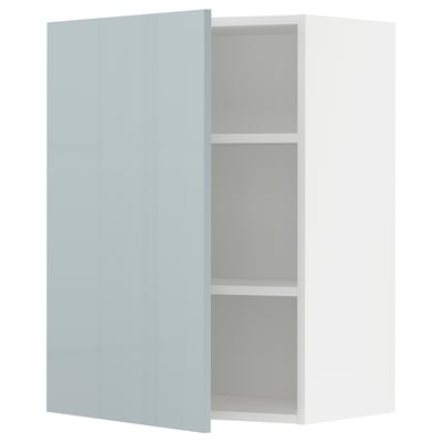 A modern METOD kitchen cabinet with a high-gloss grey-blue door, featuring adjustable shelves and snap-on hinges.