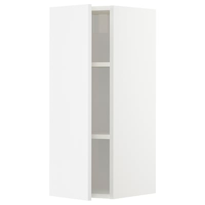 A tall, narrow, white corner cabinet for kitchen storage with internal shelves.