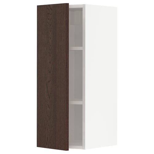 Open kitchen cabinet, wood finish, modern design, dark brown, white interior.