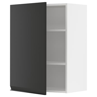 METOD wall cabinet in matte black with adjustable shelves.