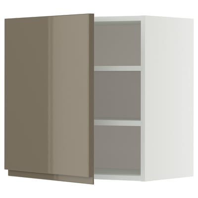 This image shows an open beige-brown high gloss METOD kitchen wall cabinet with adjustable shelves.