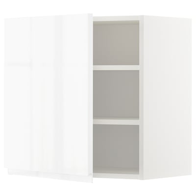 White high gloss ikea METOD kitchen cabinet with 3 open shelves.