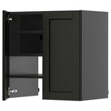 A dark-stained wooden cabinet with one door open, revealing adjustable shelves inside.