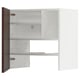 An open METOD wall cabinet in white with dark brown trim. Include adjustable shelves and metal hinges.