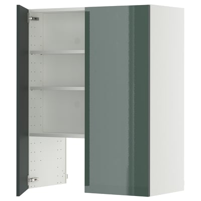 Modern greenish-grey kitchen cabinet with open doors, showing adjustable shelves, part of the METOD system.