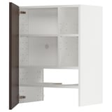 Open white METOD kitchen cabinet, dark brown trim, adjustable shelves, nickel hinges.