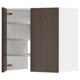 A modern, dark brown wooden cabinet with a white interior and adjustable shelves.