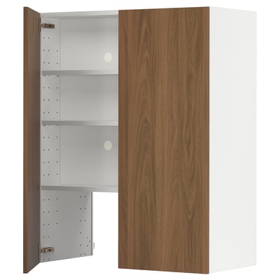 Modern wooden cabinet, open showing shelves. Walnut finish, white interior, adjustable shelves.