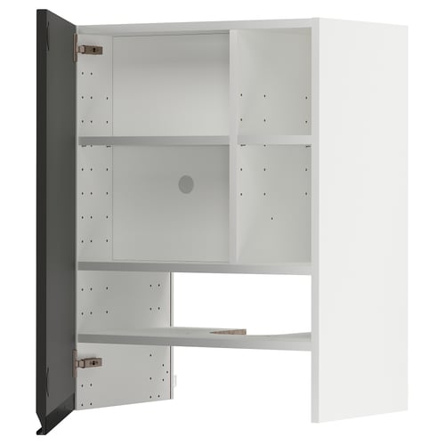 Open white cabinet with black door, modern design, adjustable shelves.