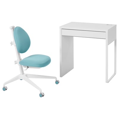 White and aqua office set: MICKE desk and chair. Desk has single drawer, chair swivels and adjusts height.