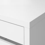 Modern, white, minimalist desk corner. Clean lines, smooth surfaces. High-quality, sleek design.