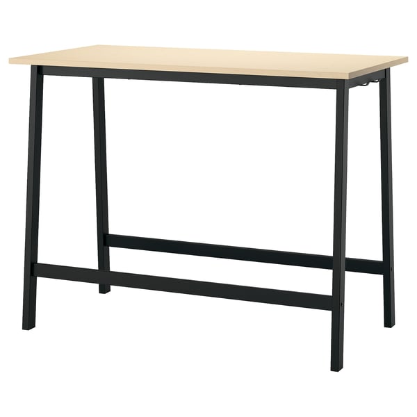 A MITTZON high conference table in black with a light wooden top and metal legs.