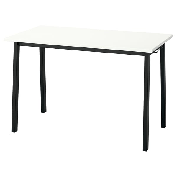 MITTZON: white top, black metal legs desk. Rectangle, simple design.