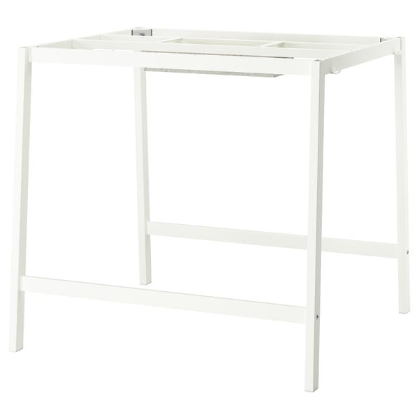 A white MITTZON desk with a metal frame. Its rectangular, has a simple design, and includes basic cable management for organization.