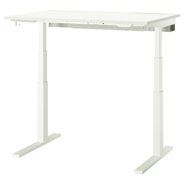 MITTZON: white height-adjustable desk with metal legs and hooks.