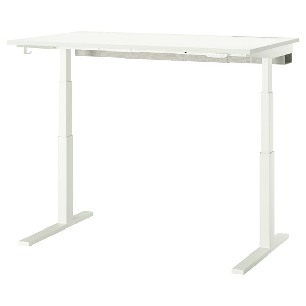 MITTZON sit-stand desk, white with metal legs, rectangular shape, adjustable height.