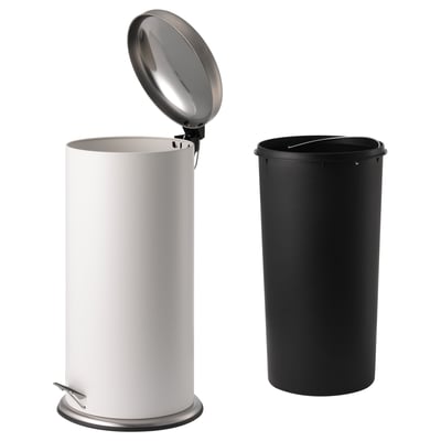 A white MJÖSA pedal bin with a stainless steel top, featuring a foot pedal for opening, a soft-close lid, and a handle for easy movement.