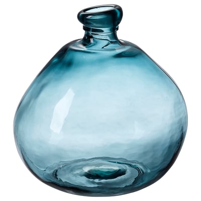 MYRMOSAIK blue recycled glass vase, rounded shape with bubble texture.