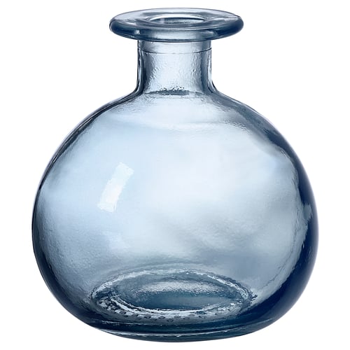 Blue recycled glass vase with round shape and bubble texture.