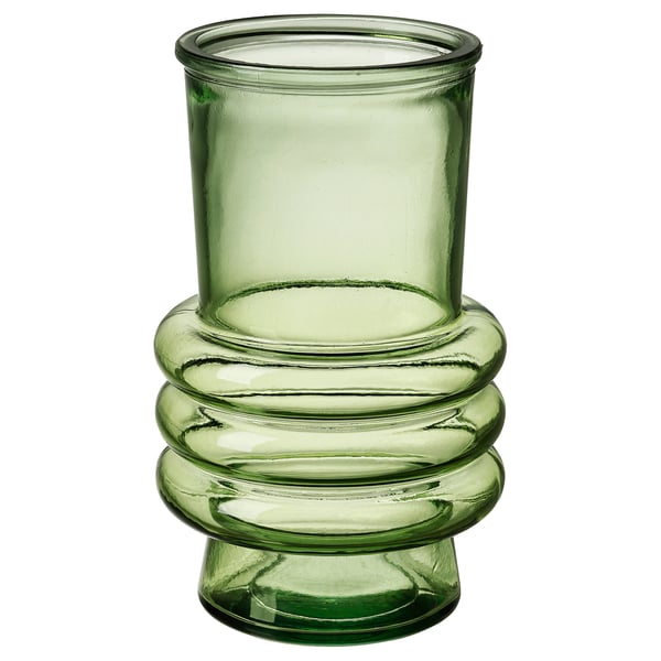 Green recycled glass MYRMOSAIK vase with stacked, ribbed design.