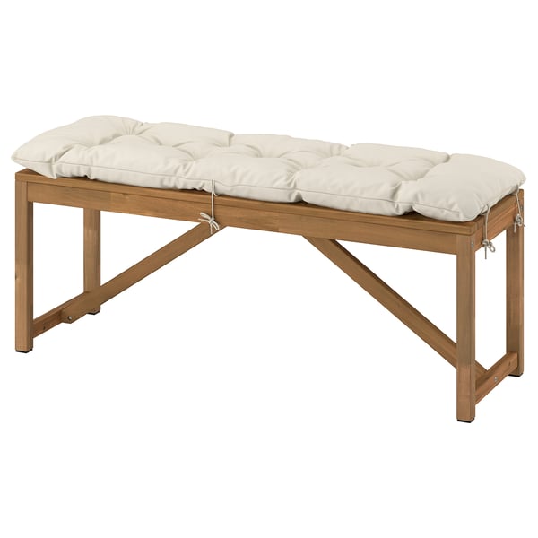 NÄMMARÖ Bench with cushion, light brown stained/Kuddarna light grey-beige, 120 cm