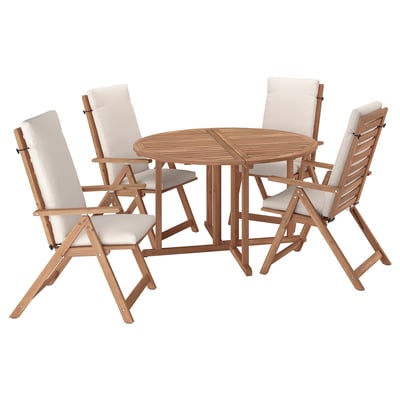 NÄMMARÖ patio set. Brown acacia table with beige folding chairs. Modern, sleek design.