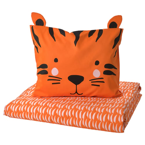 Tiger-themed kids bedding: orange duvet cover with playful tiger face design. Made from soft cotton-viscose blend.