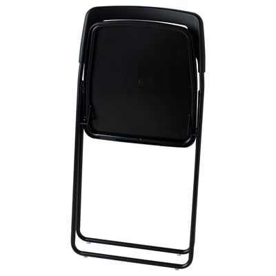 This image shows a black NISSE folding chair, designed for easy storage with a lightweight, rectangular shape and metal legs.