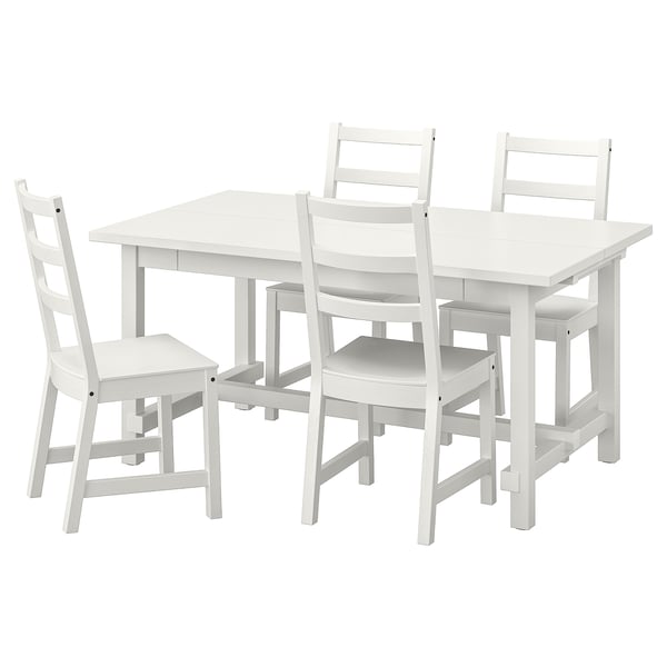 White NORDVIKEN dining set with extendable table and 4 wooden chairs.