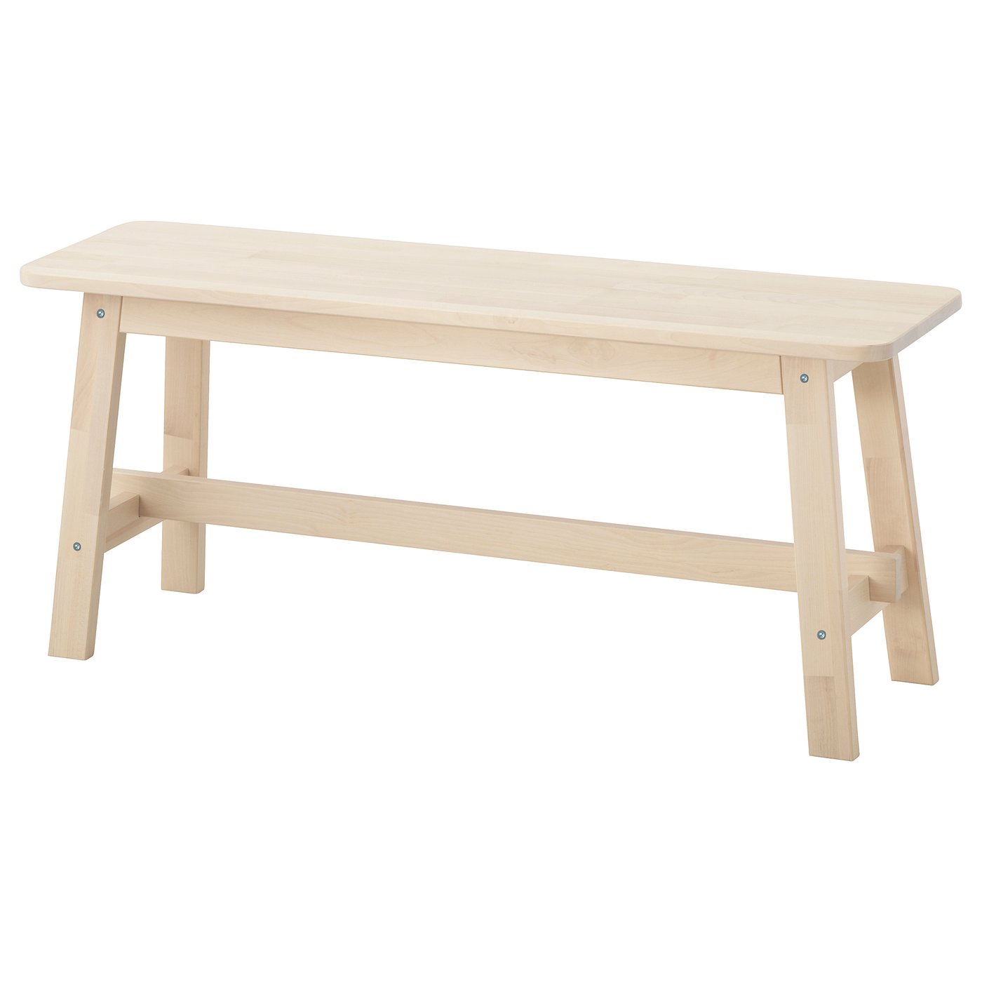 A light-colored wooden bench, simply designed with clean lines and smooth edges, made from solid birch.