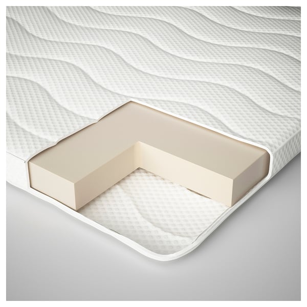 A cross-sectional view of a mattress. Shows layered materials: white top layer with a wavy pattern over beige polyurethane foam.