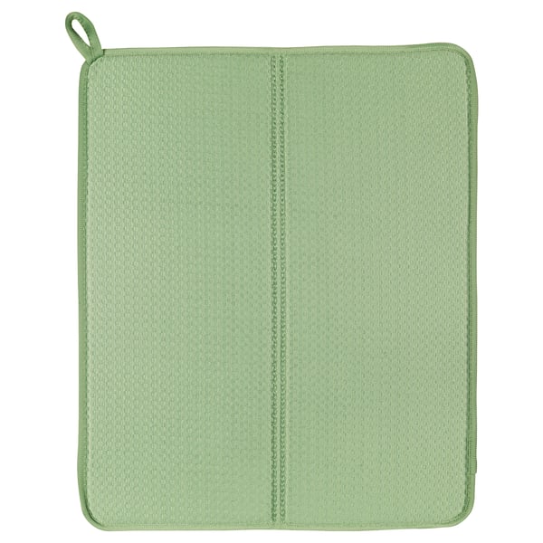 A green NYSKÖLJD drying mat. Rectangular with a loop for hanging, made of polyester.