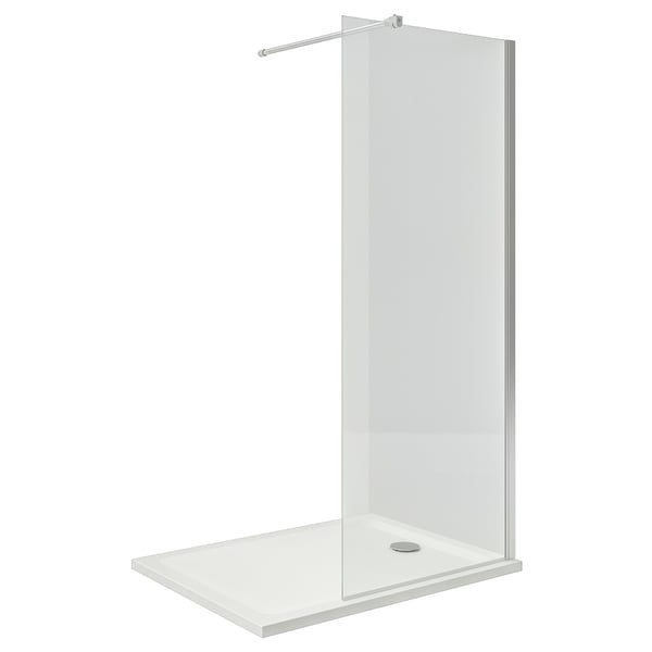 OPPEJEN white walk-in shower with anti-slip surface and low-profile tray.