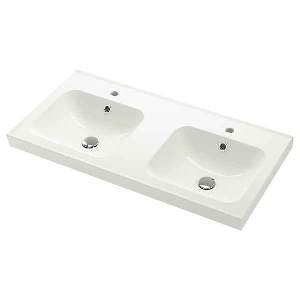 White ORRSJÖN double basin sink with chrome plugs, sleek modern design.