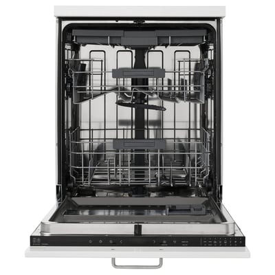 ÖSTVEDA dishwasher, white, open door, silver handle, batches visible.