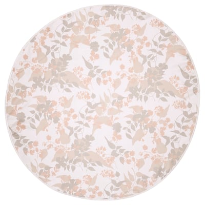A round, light-colored tablecloth with a floral pattern, made from recycled polyester.