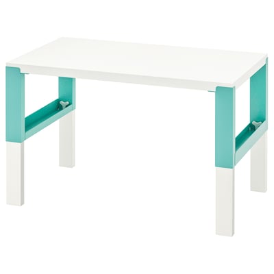 A PÅHL adjustable desk, white with turquoise accents, modern and functional for kids spaces.