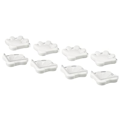 Eight white corner bumpers, designed for child safety, shown in pairs with different shapes and materials.