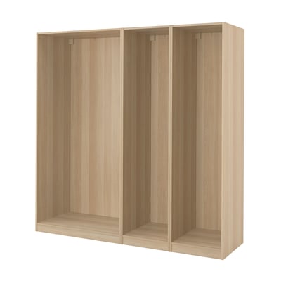 PAX wooden wardrobe frame, light brown, rectangular, open design, made of fibreboard and particleboard.